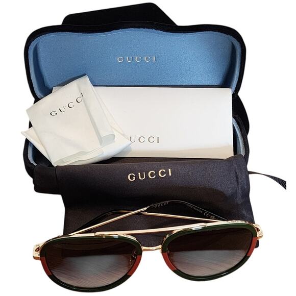 Gucci Aviator Sunglasses, Gold Metal Frame with Green & Red Web, NIB - Picture 9 of 9